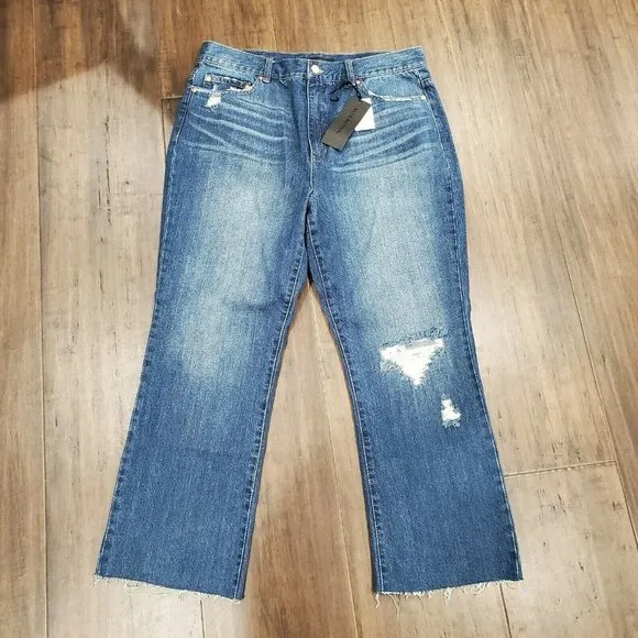 NWT BLUE REVIVAL Womens Waverly High Rise Blue Ankle Boot Jeans 32 Distressed