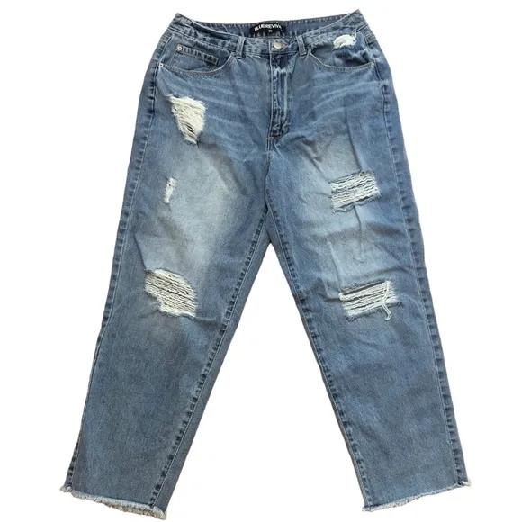 Blue Revival Distressed High Waist Boyfriend Medium Wash Jeans