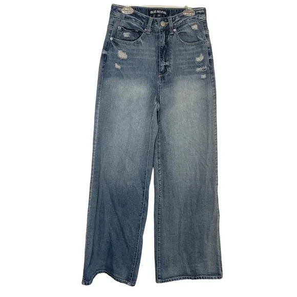 Blue Revival Distressed Wide Leg High Waisted Jeans