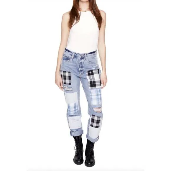 NEW BLUE REVIVAL plaid patchwork straight jeans in ibiza wash
          
      NWT