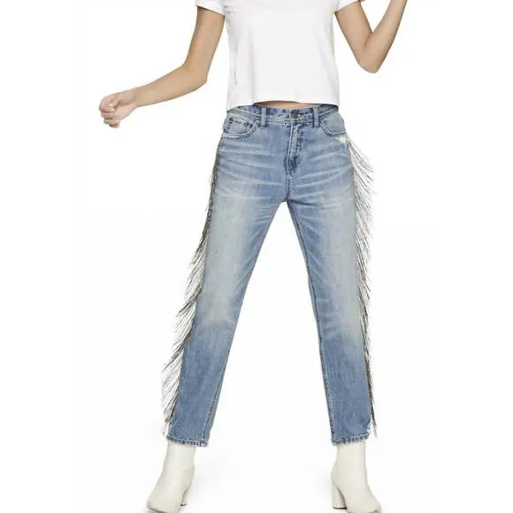 NEW BLUE REVIVAL chain fringe straight jeans in blue denim
          
      NWT