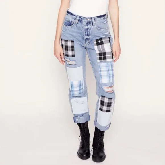 Blue Revival Plaid Patchwork Straight Jean in Dallas Wash Sz 28