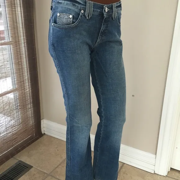BLUMARINE flared rhinestone jeans, sz.40(6), mint