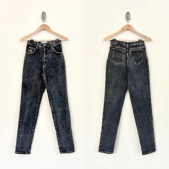 BLUMARINE Rhinestone Logo High Rise Acid Wash Jeans in Grey Black