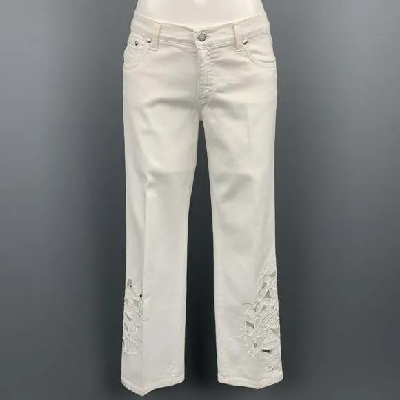 BLUMARINE White Denim Embroidered Cut Out Jeans