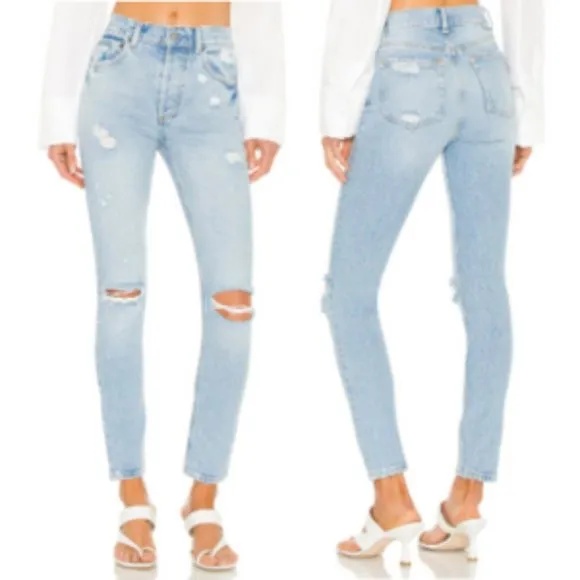 BOYISH The Billy High Rise Button Fly Distressed Ripped Knees Skinny Jeans 31
