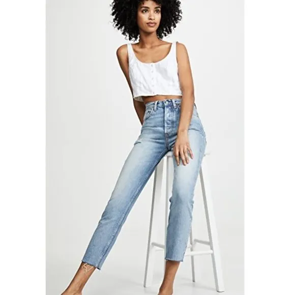 New Boyish Women Blue Billy High Waist Distressed Crop Raw Hem Jeans Size 24
          
      NWT