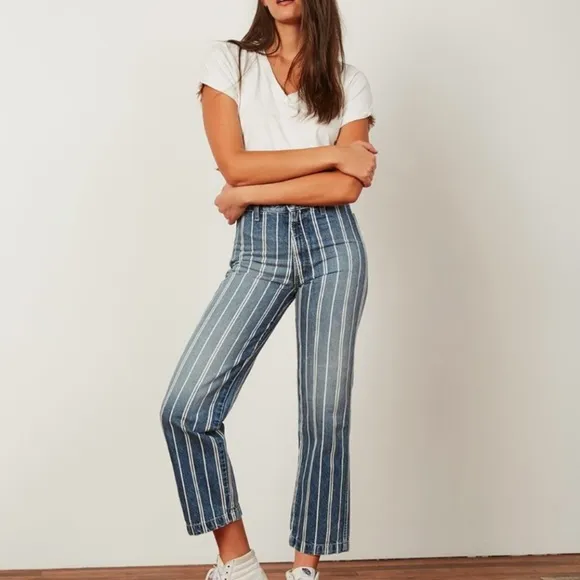 BOYISH Women’s Striped High Waisted Cropped Wide Leg Tapered Jeans Denim Size 27