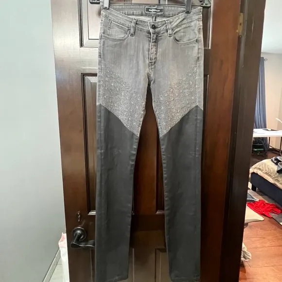 BROCKENBOW EMMA SKINNY COLORBLOCK JEANS, SIZE US 26, BLACK WAX/MEDIUM GRAY