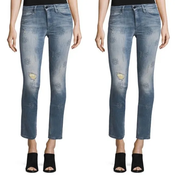 Brockenbow Lily Slim Straight-Leg Floral Embroidery Cropped Jeans Size 32
