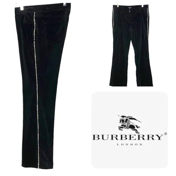 BURBERRY WOMENS BLACK CORDUROY FLARE JEAN  SIGNATURE PLAID SIDE LEG PIPING SZ 14