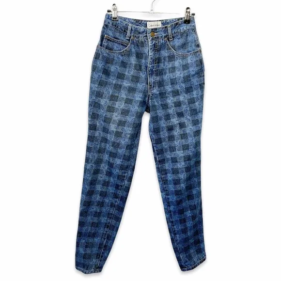 Vintage Calvin Klein Paisley Plaid Jeans Junior Sz 7 Blue High Rise Skinny Denim