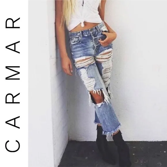 CARMAR Denim Ripped Destroyed High Waisted Button Fly Straight Crop 90’s Jean 27