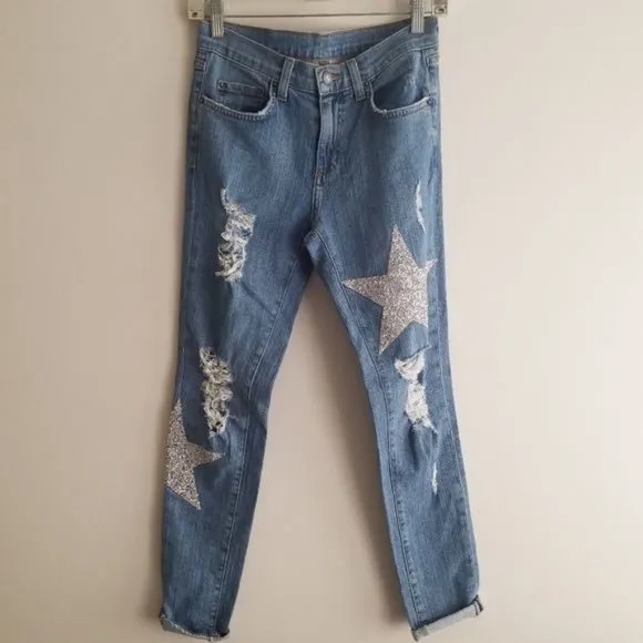 Carmar Rhinestone Patch Mia Jean 26 Silver Star Distressed Denim $258 Rare
