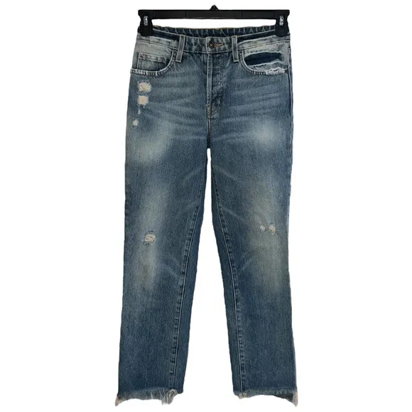 CARMAR 100% Cotton Cropped Jeans Straight Leg High Rise Distressed Frayed Hem 25