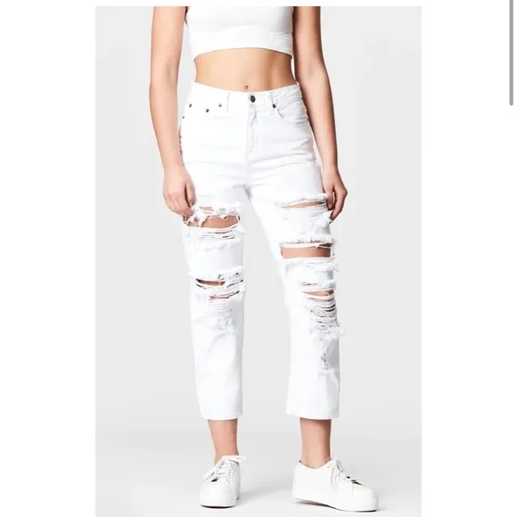 Carmar Hermia White Distressed Straight Jeans Size 28 Cotton