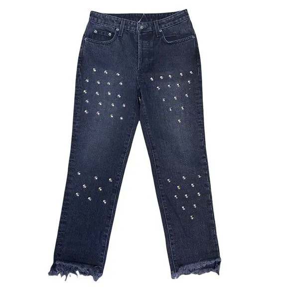 Carmar Womens Studded Jeans Size 26 Raw Hem Black Cropped High Rise Denim