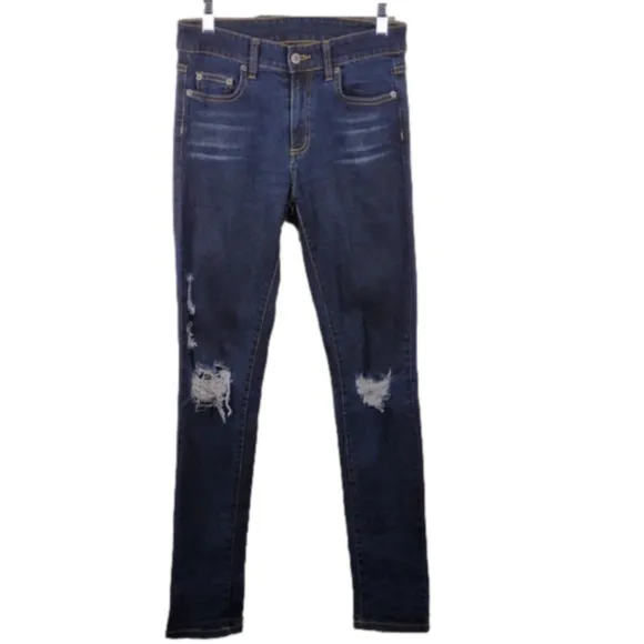 CARMAR Blue Dark Wash Five Pocket Mid Rise Ripped Distressed Skinny Jeans