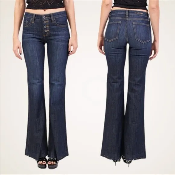 Carmar womans button fly Stretch Denim Mid Rise flare jeans size 28