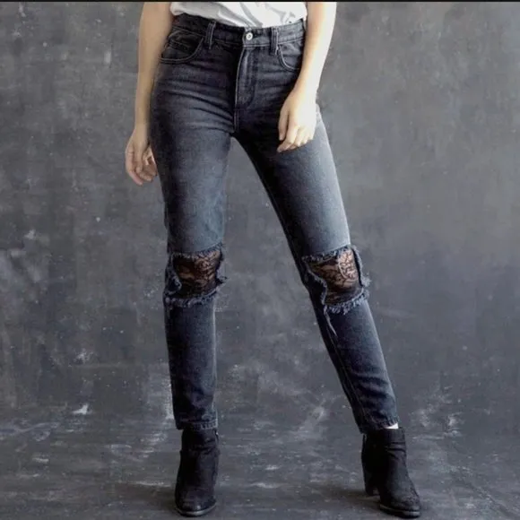 Carmar High Rise Straight Leg Boyfriend Jeans Lace Distressed Knee