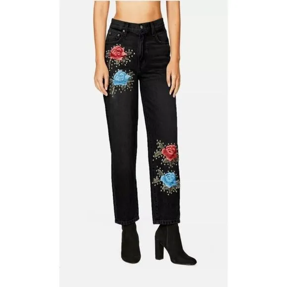 LF Carmar Black High Rise Rose Embroidered Studded Denim Jeans