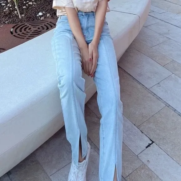 Celine soft denim front split hem straight jeans