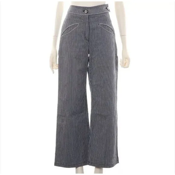 Chanel Denim Pants 40 Women's Navy Stripe