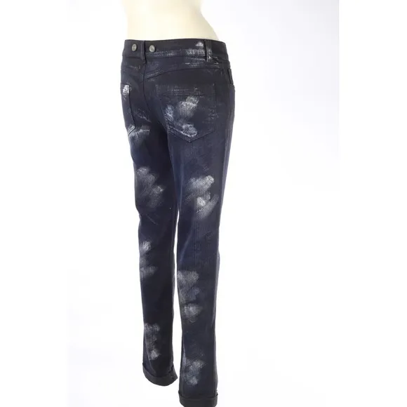 CHANEL 08A Black Navy White Painted Denim Cotton Skinny Leg Jeans Size 36