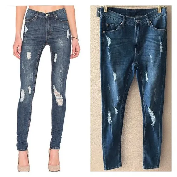Cheap Monday second skin skinny distressed jeans
          
      NWT