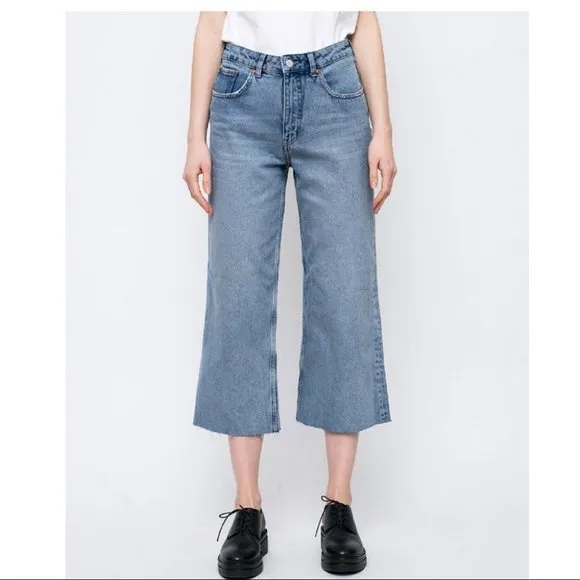 CHEAP MONDAY Ally Blue Gem High Waist Raw Hem Ankle Straight Jeans