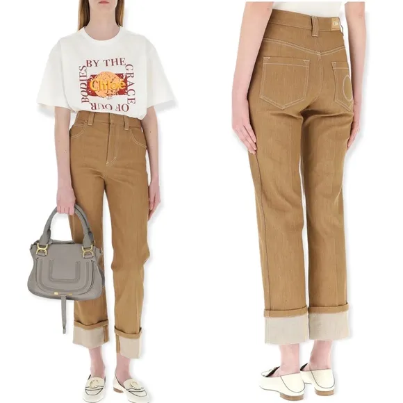 CHLOÉ Cuffed Hem Highrise Flared Jeans In Coconut Brown Size FR 36/US 6
