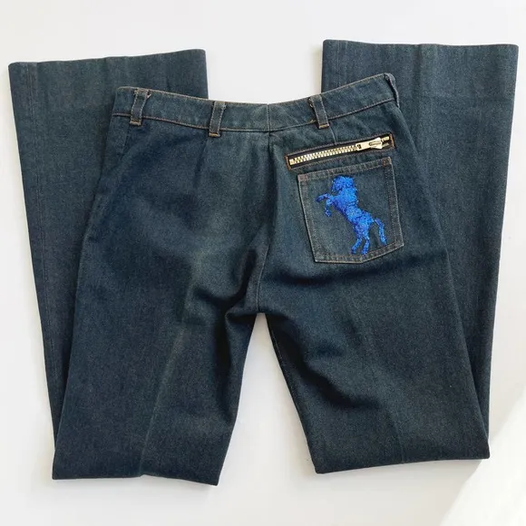 Vintage 2001 Chloe Sequin Horse Zip Pocket Wide Leg Jeans Size 2/4