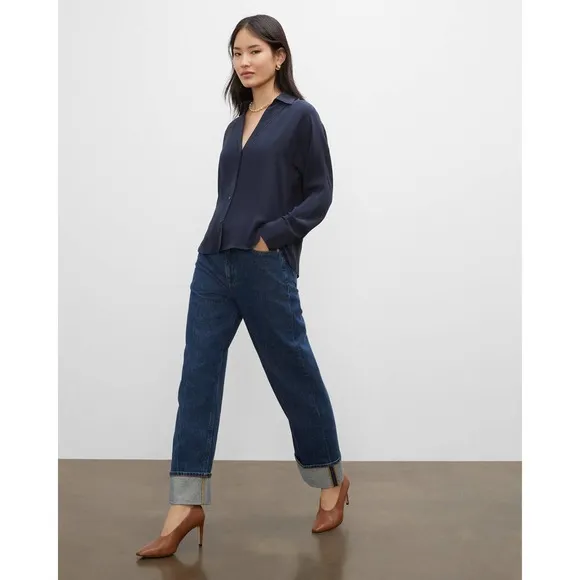 Club Monaco Women's Cuffed Jeans Straight Leg High Rise Dark Wash Size 25