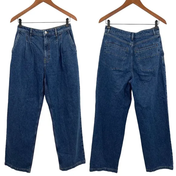 Club Monaco Pleated Front High Wide Straight Leg Blue Mom Jeans Womens Size 0