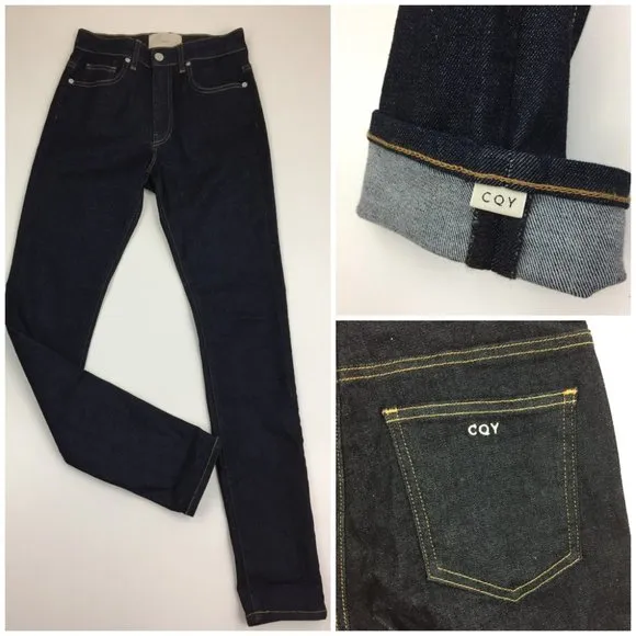 CQY Dark Wash High Rise Waist 5 Pocket Logo Hardware Slim Fit Skinny Jeans