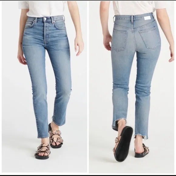 CQY Hi Rise Raw Hem Straight Leg Jeans