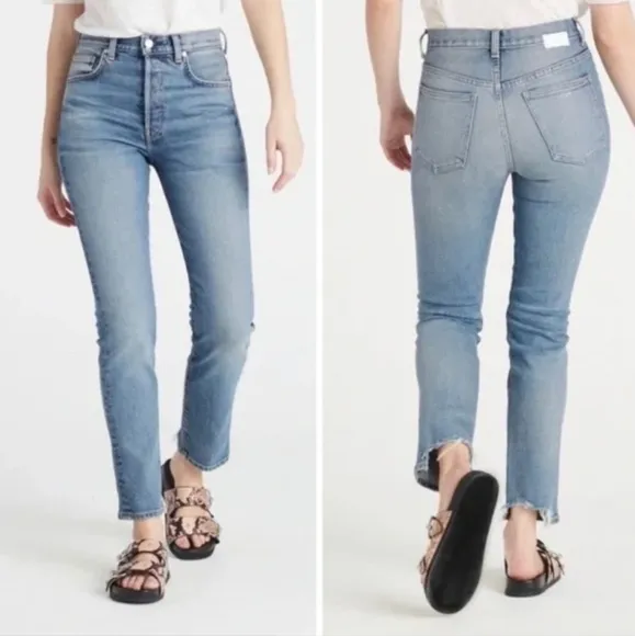 CQY Hi Rise Raw Hem Straight Leg Jeans