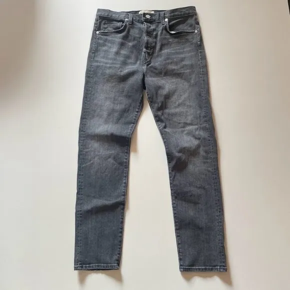CQY Jean Denim Button Fly Black Vintage Wash Distressed High Rise Straight Leg