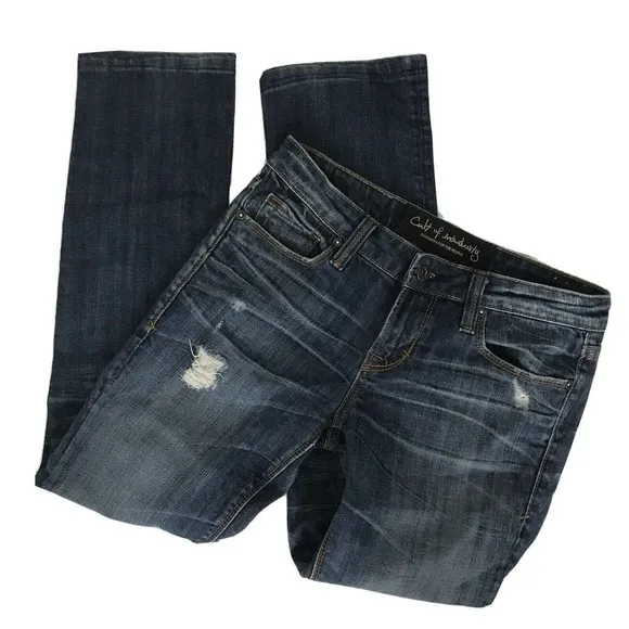 CULT OF INDIVIDUALITY Moto Distressed Denim Straight Jeans Stretch Womens Sz 27