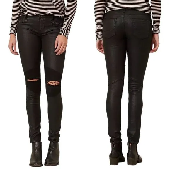 Cult Of Individuality Size 29 Moto Mid Rise Shiny Black Skinny Jeans Distressed