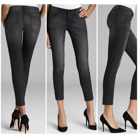 D-ID New York High Rise Cropped Jeans Quilted Side Striped Black Size 31