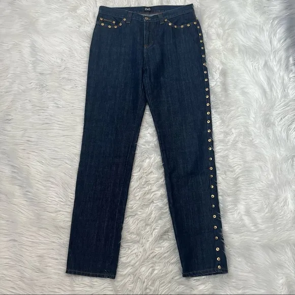 • D&G Dolce & Gabbana • Studded Embellished Dark Blue Ankle Zip Jeans