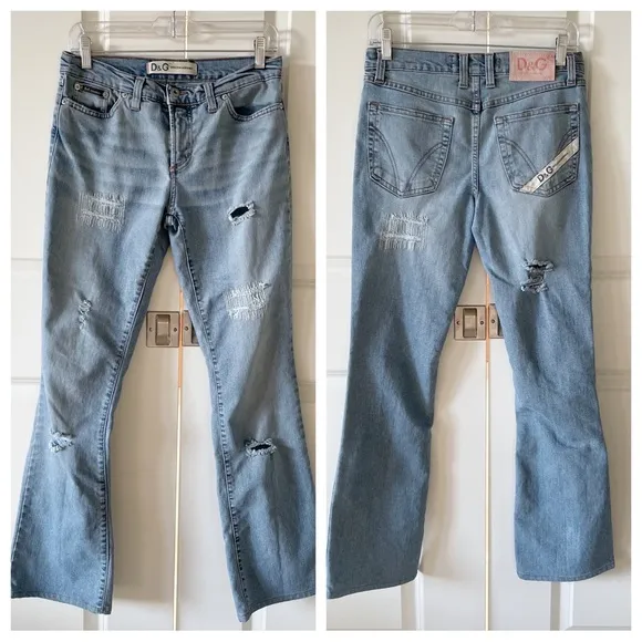 D&G Dolce & Gabbana Low Rise Boot Leg Distressed Light Wash Jeans Size 29