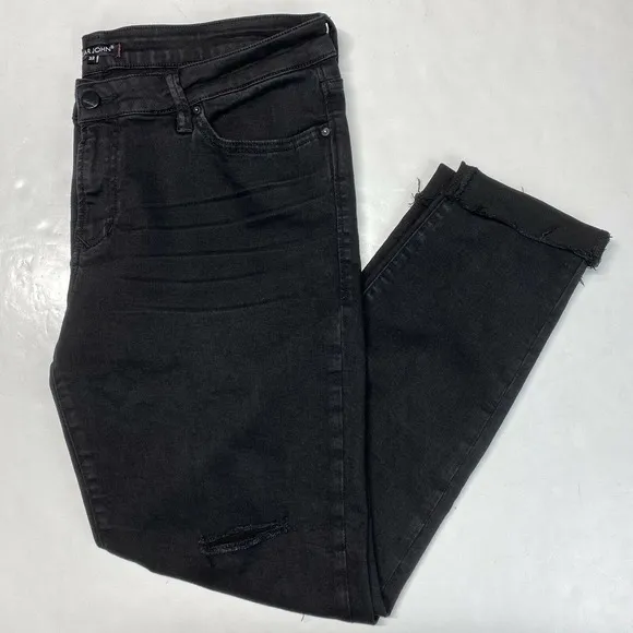 Dear John Skinny Sz 32 Midrise Stretch Denim Black Jeans Distress Holes Raw Hems