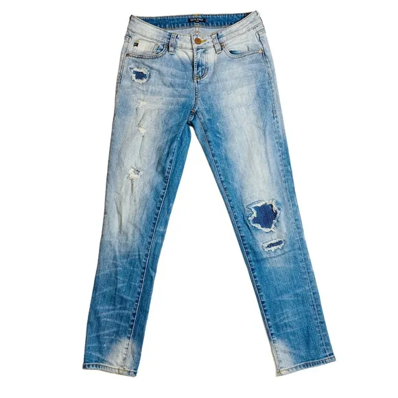 Dear John Madison Girlfriend Distressed Patch Denim Blue Jeans Mid Rise Sz 25
