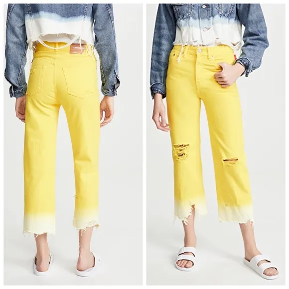 Denimist Pierce High Rise Straight in Yellow Dip Dye Destroyed