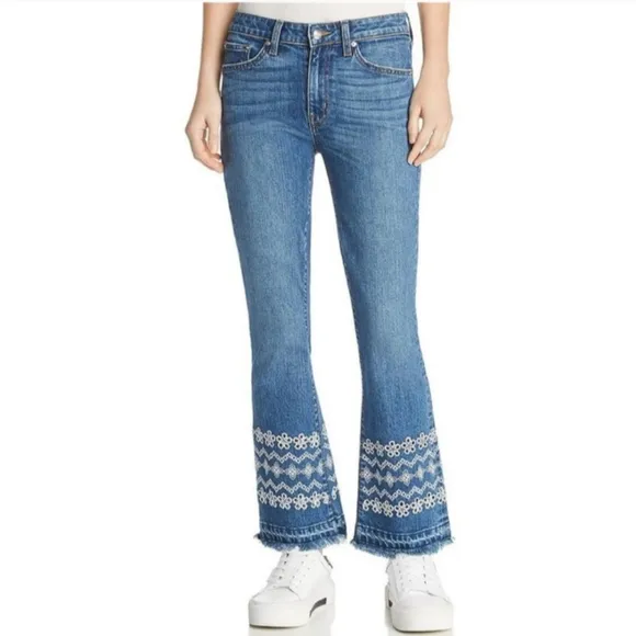 Derek Lam Jane Embroidered Flare Jeans Denim Frayed Ankle Medium Wash
