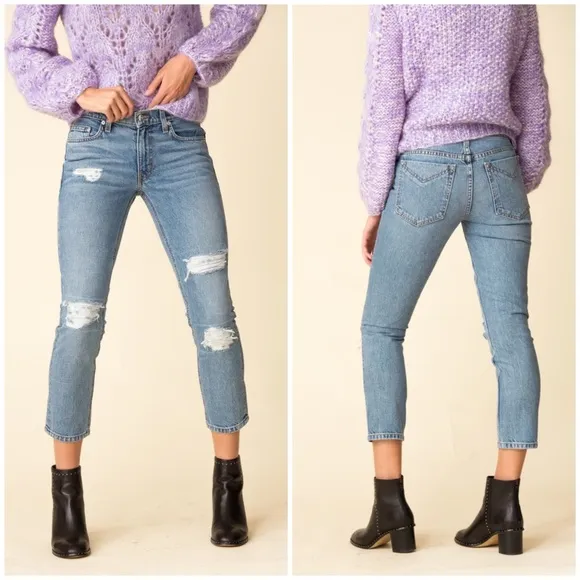 Derek Lamb Mila Mid-Rise Slim Girlfriend Jeans with Distressing Size 25