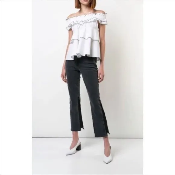 Derek Lam Gia Jeans Mid Rise Cropped Flare Black Denim Raw Hem Size 27