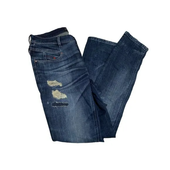 Ladies DIESEL BELTHY SLIM STRAIGHT LOW RISE BLUE JEANS Distressed 12 W30 L32